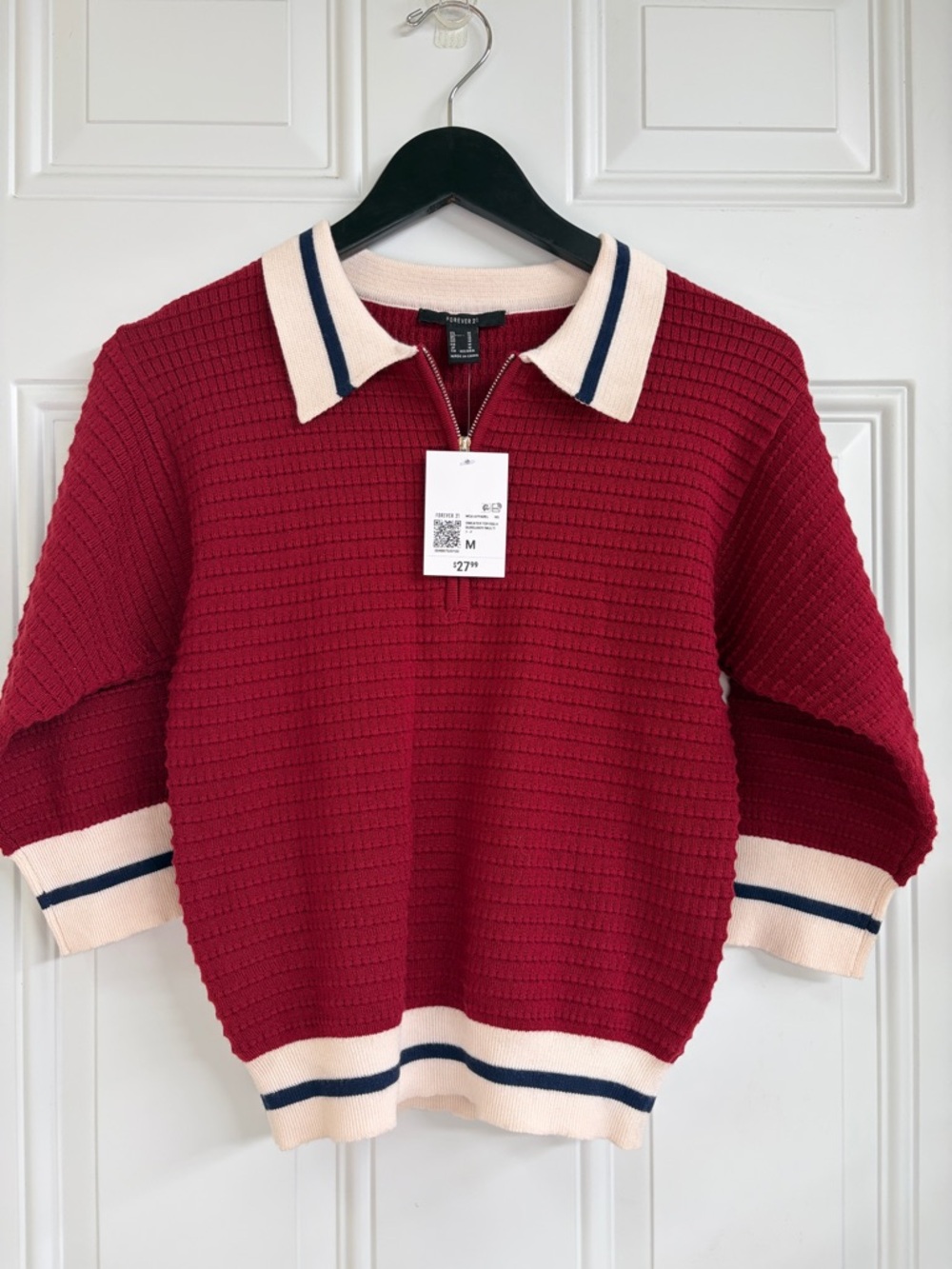 Forever 21 Burgundy Knit Polo Sweater with Cream Collar and Navy Stripe